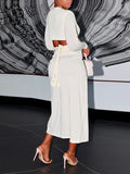 Momyknows White Two Piece Cross Chest Side Slit Crop Belt Deep V-neck Fashion Chic Baby Shower Maternity Midi Dress