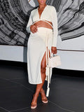 Momyknows White Two Piece Cross Chest Side Slit Crop Belt Deep V-neck Fashion Chic Baby Shower Maternity Midi Dress