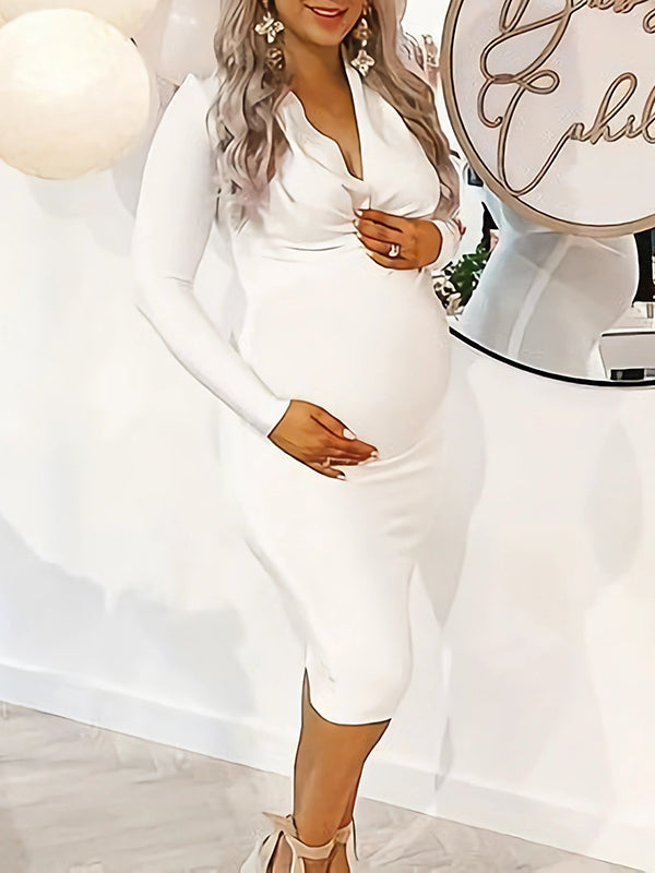 Momyknows White Bodycon Long Sleeve Fashion Party Baby Shower Maternity Midi Dress