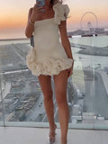 Momyknows White Off Shoulder Ruffle Irregular Falbala Bodycon Party Cute Baby Shower Maternity Mini Dress
