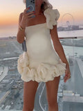 Momyknows White Off Shoulder Ruffle Irregular Falbala Bodycon Party Cute Baby Shower Maternity Mini Dress