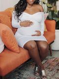Momyknows White Off Shoulder Ruched Cross Chest Long Sleeve Fashion Bodycon Photoshoot Baby Shower Maternity Mini Dress