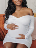 Momyknows White Off Shoulder Ruched Cross Chest Long Sleeve Fashion Bodycon Photoshoot Baby Shower Maternity Mini Dress
