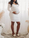 Momyknows White Off Shoulder Ruched Cross Chest Long Sleeve Fashion Bodycon Photoshoot Baby Shower Maternity Mini Dress