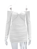 Momyknows White Off Shoulder Ruched Cross Chest Long Sleeve Fashion Bodycon Photoshoot Baby Shower Maternity Mini Dress