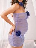 Momyknows Violet Bandeau Ruffle Off Shoulder Mesh 3D Flower Bodycon Party Going Out Baby Shower Maternity Mini Dress