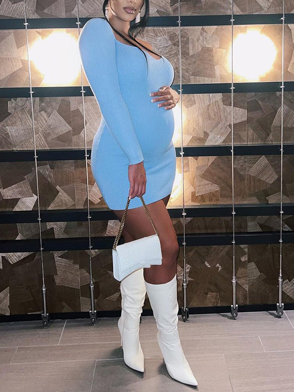Momyknows Light Blue Crochet Side Slit Sweetheart Neckline Bodycon Cute Going Out Maternity Photoshoot Baby Shower Party Mini Dress