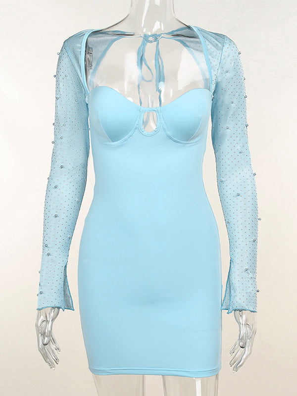 Momyknows Blue Cut Out Beading Pearl Mesh Sleeve Bodycon Cute Baby Shower Maternity Mini Dress