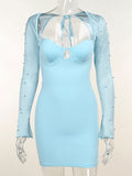 Momyknows Blue Cut Out Beading Pearl Mesh Sleeve Bodycon Cute Baby Shower Maternity Mini Dress