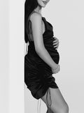 Momyknows Black Spaghetti Straps Drawstring Lace Up Ruched Backless Boat Neck Elegant Photoshoot Maternity Mini Dress