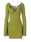 Momyknows Green Cross Chest Square Neck Flare Slit Sleeve Bodycon Cute Baby Shower Maternity Mini Dress