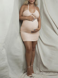 Momyknows Apricot Cut Out Cami Crop Bodycon Ruched Elegant Chic Photoshoot Maternity Mini Dress