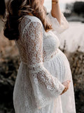 Momyknows White Lace Ruched Big Swing Flare Sleeve Elegant Boho Photoshoot Maternity Mini Dress