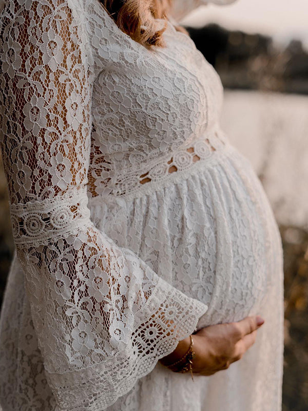 Momyknows White Lace Ruched Big Swing Flare Sleeve Elegant Boho Photoshoot Maternity Mini Dress