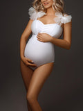 Momyknows White Tulle Bow Lace-up Bodycon One-Pieces Bikini Beach Holiday Swimwear Elegant Maternity Photoshoot Bodysuit
