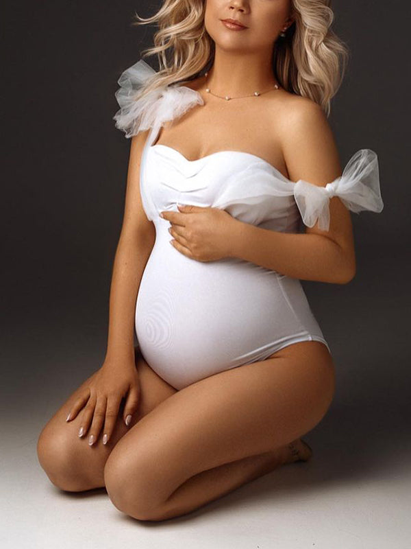 Momyknows White Tulle Bow Lace-up Bodycon One-Pieces Bikini Beach Holiday Swimwear Elegant Maternity Photoshoot Bodysuit