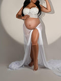 Momyknows White Lace Rhinestone Adjustable-straps Fashion Photoshoot Maternity Top
