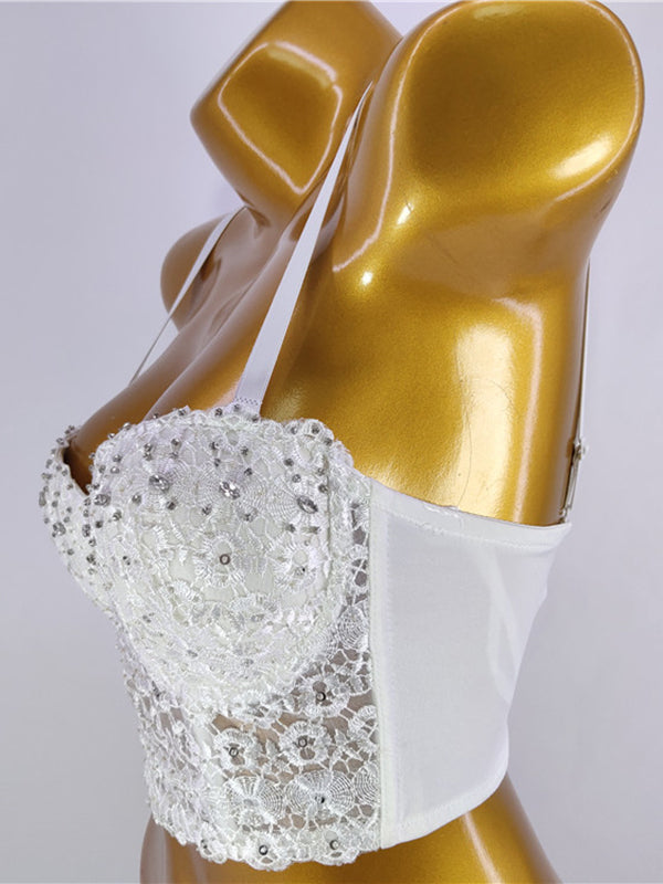 Momyknows White Lace Rhinestone Adjustable-straps Fashion Photoshoot Maternity Top