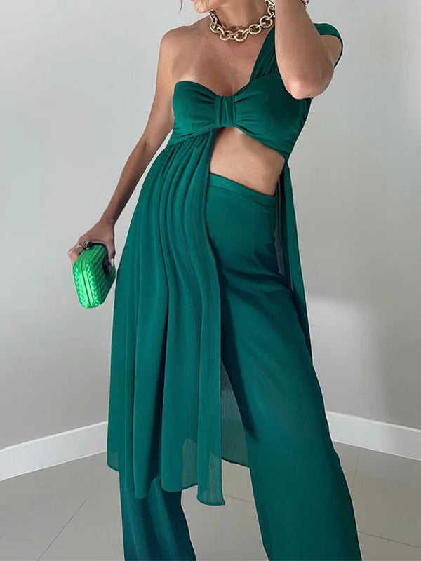 Momyknows Dark Green One Shoulder Backless Crop Bowknot Irregular 2 Piece Plus Size Elegant Baby Shower Maternity Jumpsuit