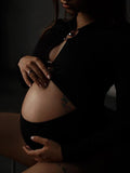 Momyknows Black Cut Out Crop Long Sleeve Fashion Chic Photoshoot Maternity Bodysuit