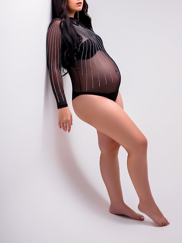 Momyknows Black Striped Rhinestone Mesh High Neck Fashion Photoshoot Maternity Bodysuit