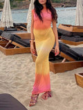 Momyknows Grenadine Mesh Stripe Print Sleeveless Backless Tie Up See Through Photoshoot Flowy Beach Maternity Dress