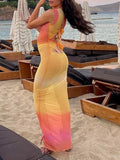 Momyknows Grenadine Mesh Stripe Print Sleeveless Backless Tie Up See Through Photoshoot Flowy Beach Maternity Dress