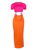 Momyknows Patchwork Two Tone Cut Out Knot Front Crop Bodycon Fashion Maternity Midi Dress