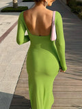 Momyknows Solid Backless Slit Lace-Up Backless Split Bodycon Baby Shower Maternity Maxi Dress