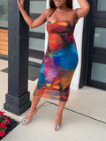 Momyknows Sundress Colorful Tie Dye Print Off Shoulder Bodycon Maternity Midi Dress