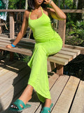 Momyknows Neon Green Halter Bodycon High Split Backless Drawstring Elegant Maternity Maxi Dress