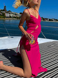 Momyknows Hot Pink Hollow Out Slit Backless Tie Back Slim Elegant Maternity Midi Dress