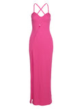 Momyknows Hot Pink Hollow Out Slit Backless Tie Back Slim Elegant Maternity Midi Dress