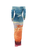 Momyknows Tie Dye Off Shoulder Shirred Ruched Slash Neck Gradient Color Photoshoot Maternity Maxi Dress