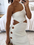 Momyknows White Cut Out Oblique Shoulder Slit Bodycon Fashion Maternity Midi Dress
