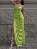 Momyknows Green Spaghetti Strap Ruched Slit Party Shirred Maternity Maxi Dress