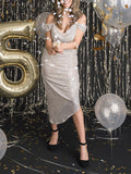 Momyknows Silver Off Shoulder Sequin Sparkly Irregular Bodycon Party Maternity Midi Dress