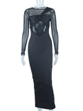 Momyknows Black Grenadine Sheer Long Sleeve Bodycon Baby Shower Party Maternity Midi Dress