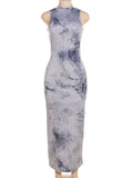 Momyknows Tie Dye Print Backless Sleeveless Stretchy Bodycon Baby Shower Maternity Maxi Dress