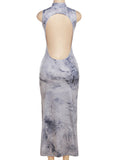 Momyknows Tie Dye Print Backless Sleeveless Stretchy Bodycon Baby Shower Maternity Maxi Dress