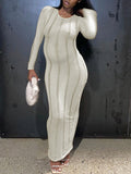 Momyknows White Striped Backless Knitting Bodycon Long Sleeve Baby Shower Maternity Maxi Dress