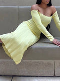 Momyknows Solid Off Shoulder Pleated Bodycon Baby Shower Elegant Maternity Maxi Dress