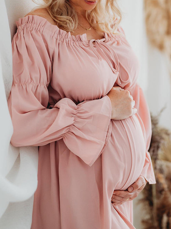 Momyknows Pink 2-in-1 Bandeau Ruched Crop Flowy Photoshoot Maternity Maxi Dress