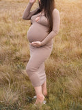 Momyknows Khaki Halter Neck Fishtail Lace Up Long Sleeve Bodycon Photoshoot Maternity Maxi Dress