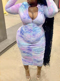 Momyknows Tie Dye Zipper Shirred Bodycon Baby Shower Ruched Plus Size Maternity Midi Dress