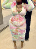 Momyknows Tie Dye Zipper Shirred Bodycon Baby Shower Ruched Plus Size Maternity Midi Dress