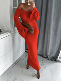 Momyknows Solid Off Shoulder Fishtail Knitting Baby Shower Bodycon Maternity Maxi Dress