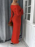 Momyknows Solid Off Shoulder Fishtail Knitting Baby Shower Bodycon Maternity Maxi Dress