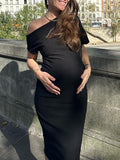 Momyknows Black Off Shoulder Oblique Shoulder Baby Shower Bodycon Maternity Midi Dress