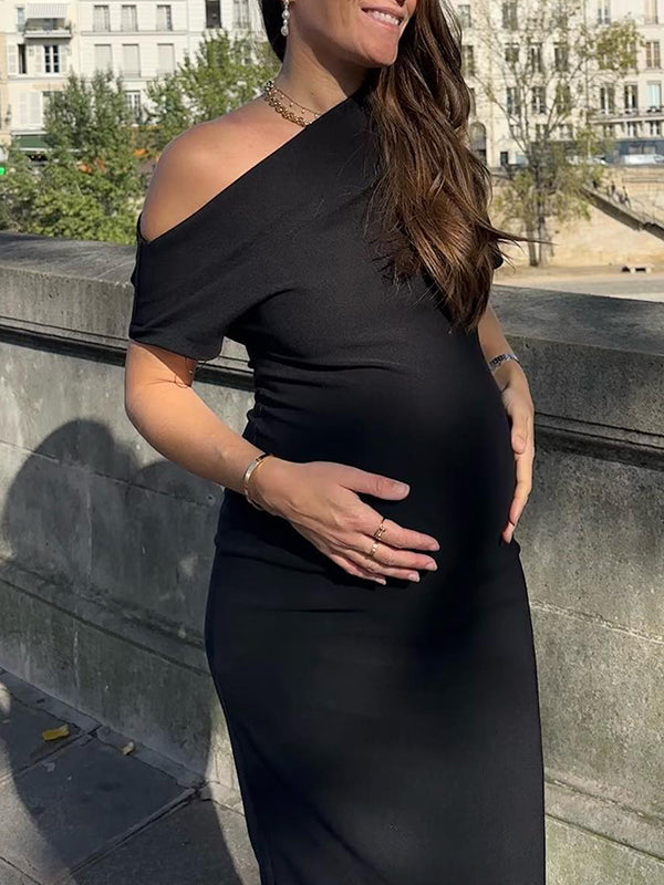 Momyknows Black Off Shoulder Oblique Shoulder Baby Shower Bodycon Maternity Midi Dress